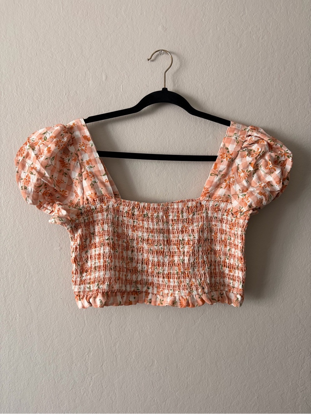 Smocked Peach Floral Puff-Sleeve Crop Top